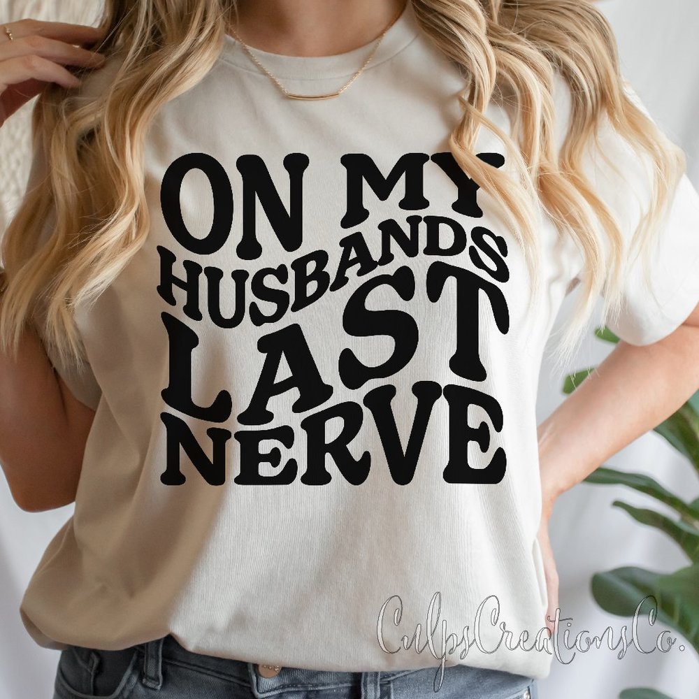 On my husbands last nerve retro wavy text womens short sleeve top